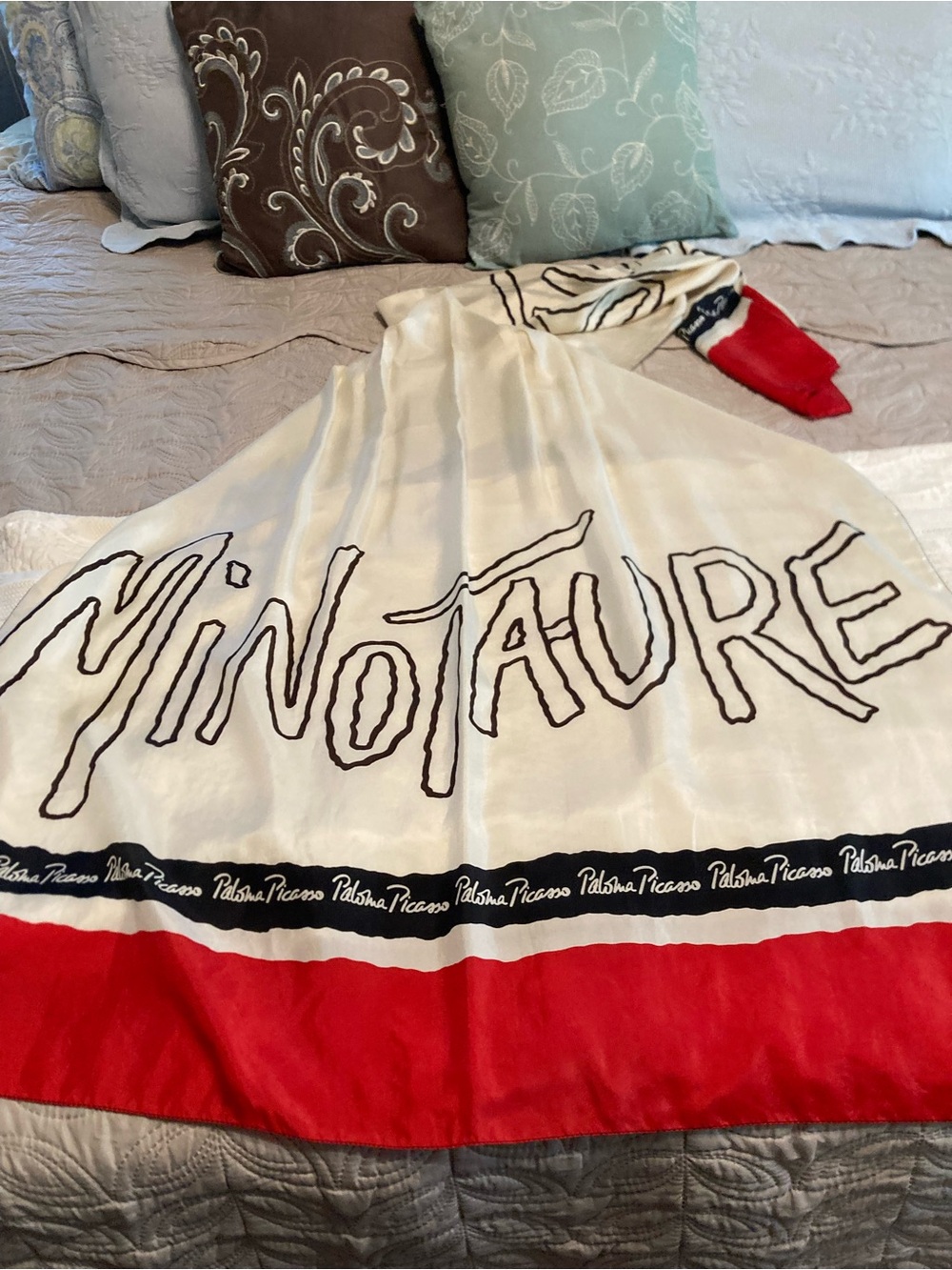 Paloma Picasso Cream silk scarf with Red and Black Graphic Border